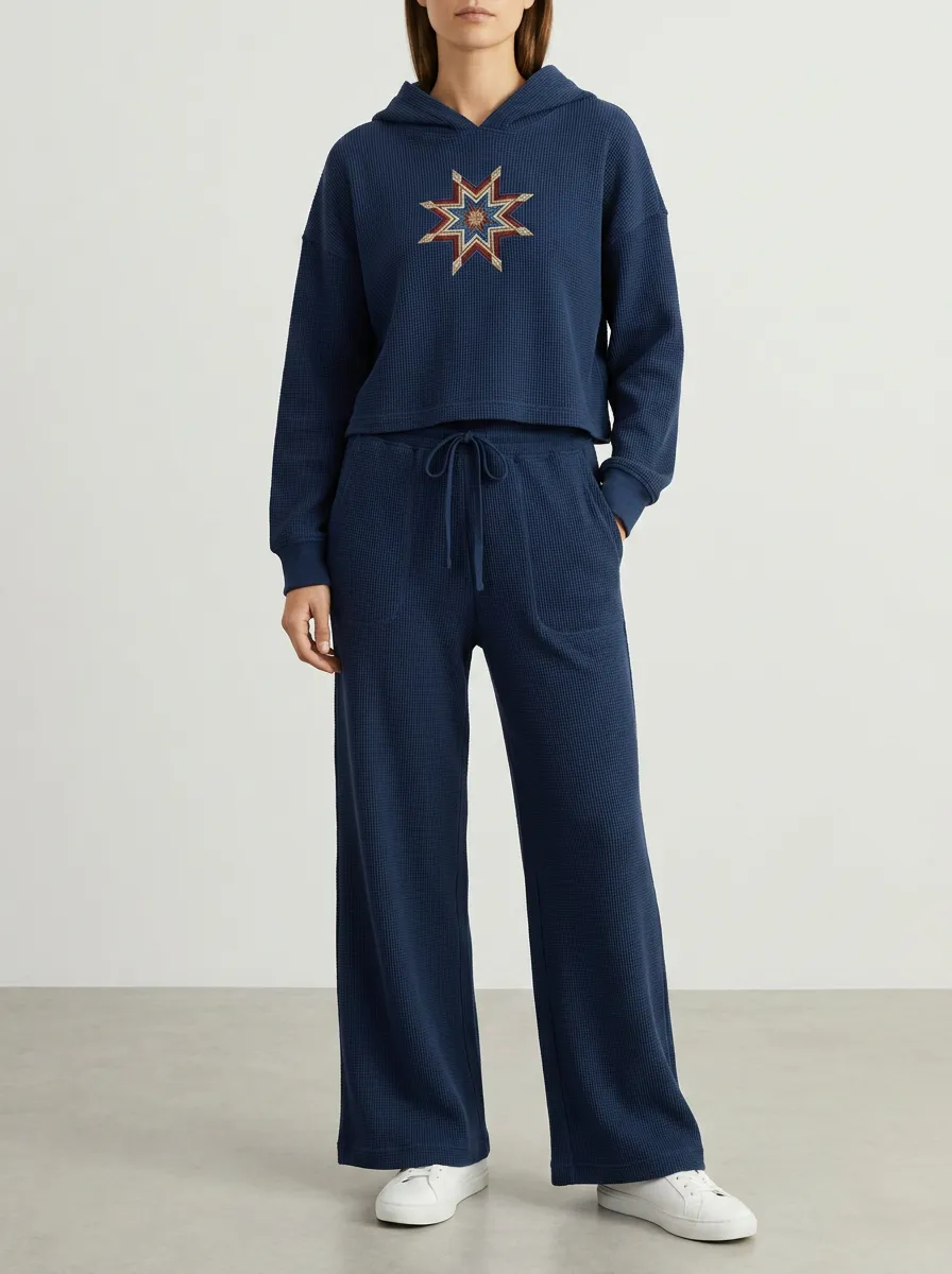 Unisex Geometric Star Pattern Printed Waffle Knit Hoodie