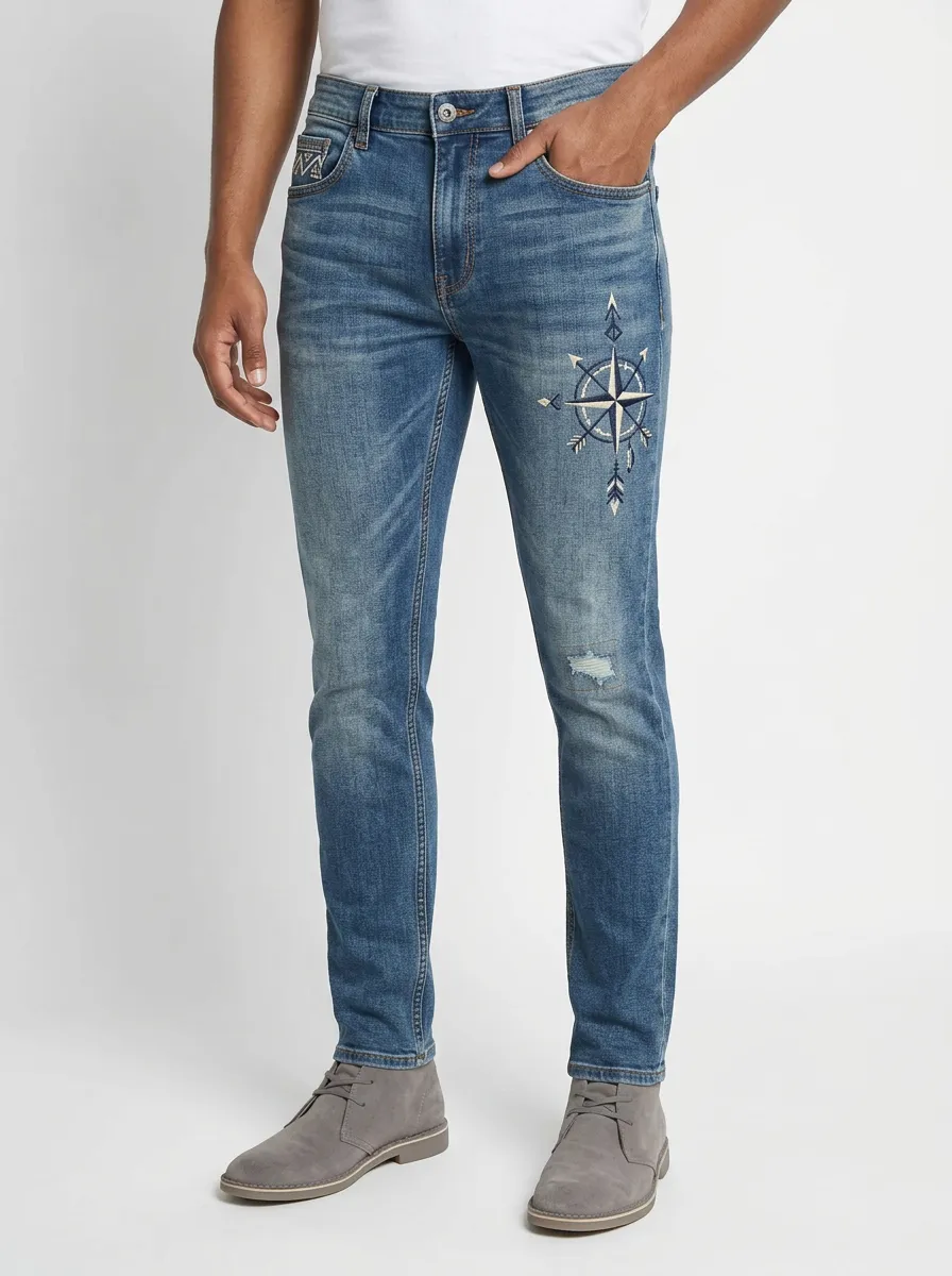 Men's Blue Travel Compass Embroidered Slim Fit Jeans