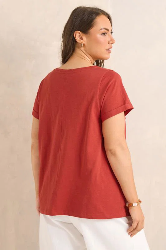 Rust Orange V-Neck Cotton T-Shirt detail 3