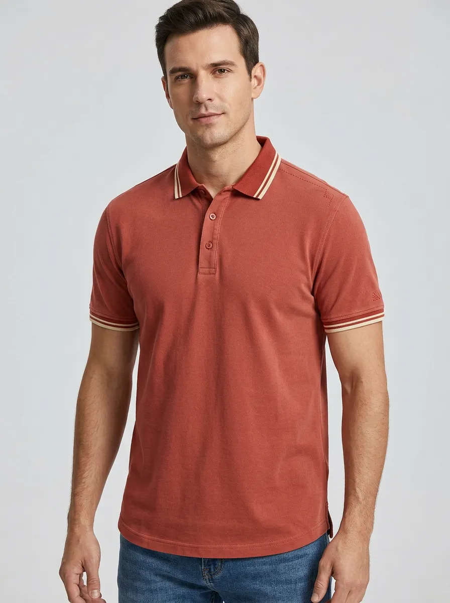 Men's Casual Rust Red Striped Collar Short Sleeve Polo Shirt