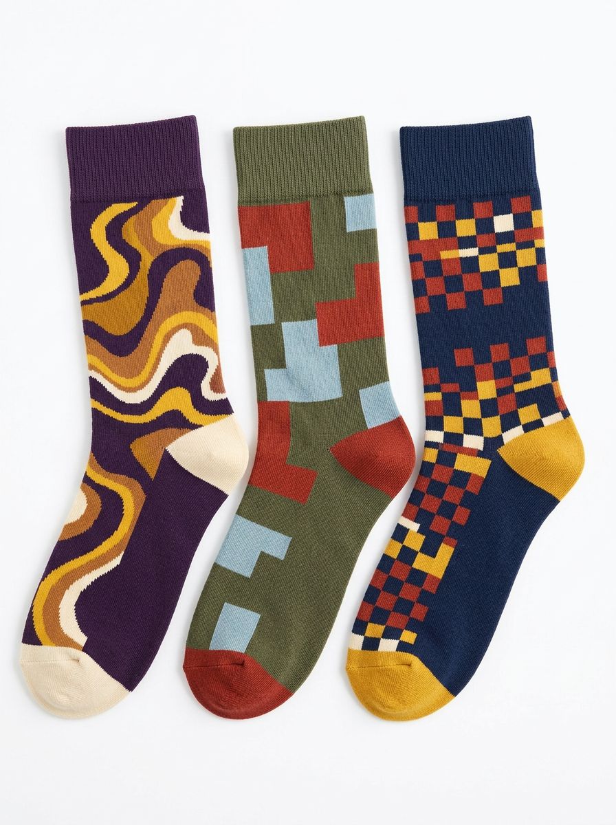 Men's Retro Abstract Geometric Pattern Three-Pack Socks