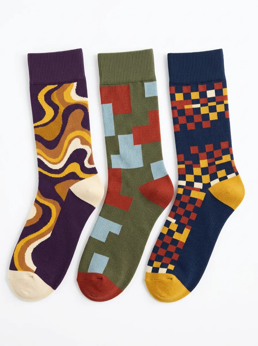 Men's Retro Abstract Geometric Pattern Three-Pack Socks