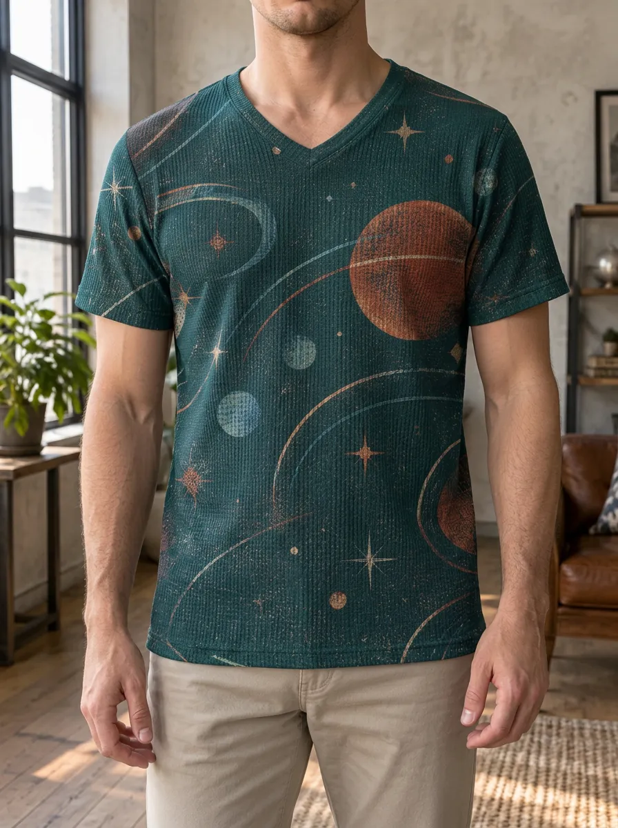 Men's Space Galaxy Planet Stars Printed V-Neck T-Shirt
