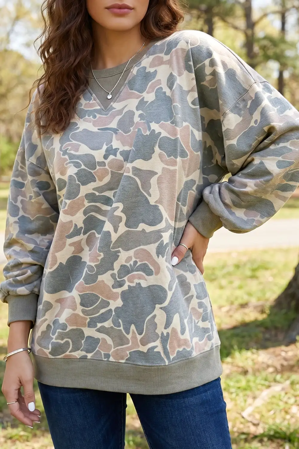 Camo Print Ribbed Pullover Sweatshirt