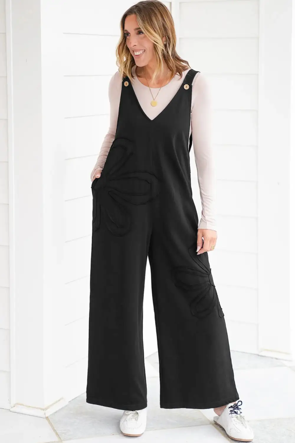 Clean Raw Seam Big Flower Patched Jumpsuit