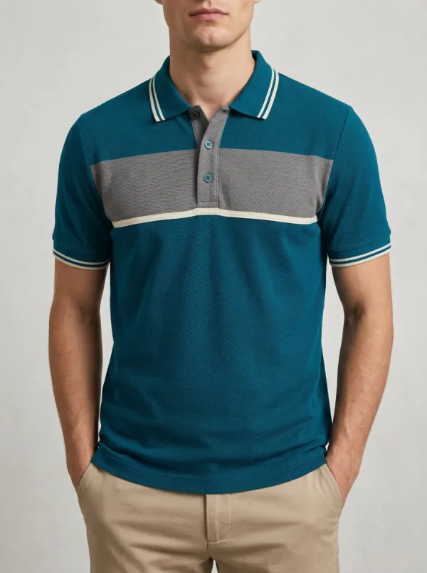 Men's Casual Colorblock Striped Pattern Contrast Trim Polo Shirt