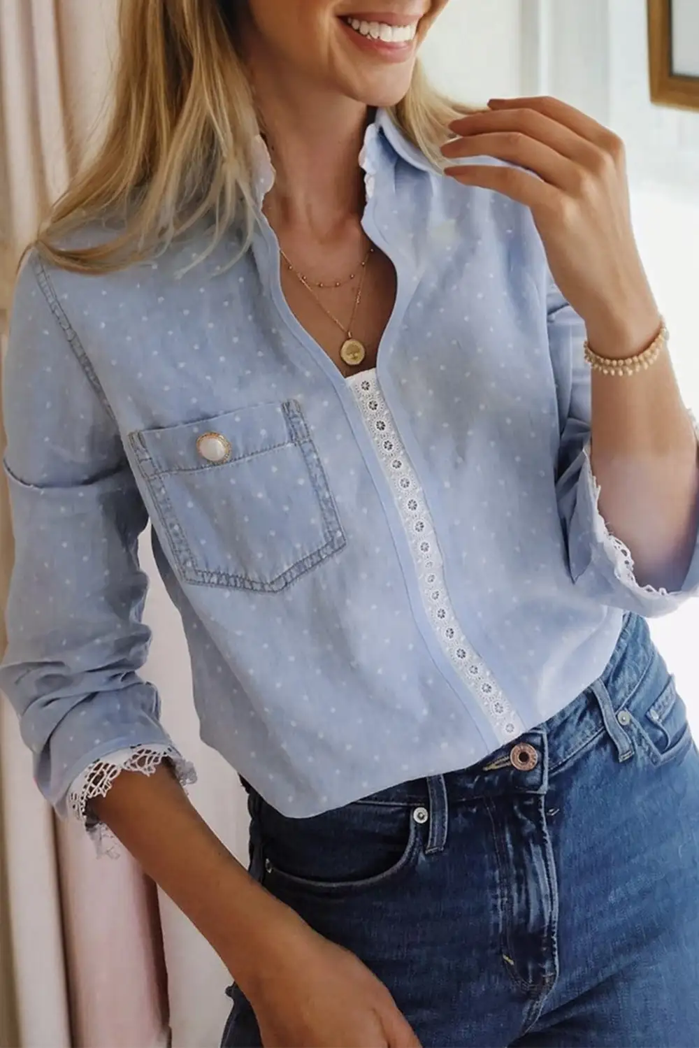 Beau Blue Lace Trim Patchwork Dotted Print Collared Denim Blouse