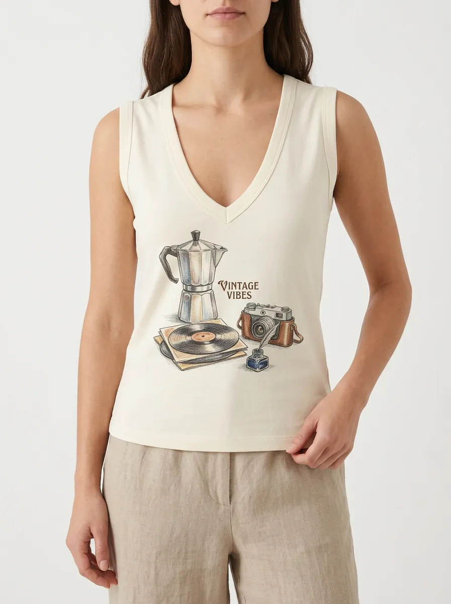 Women's Vintage Vibes Moka Pot Camera Vinyl Printed Tank Top