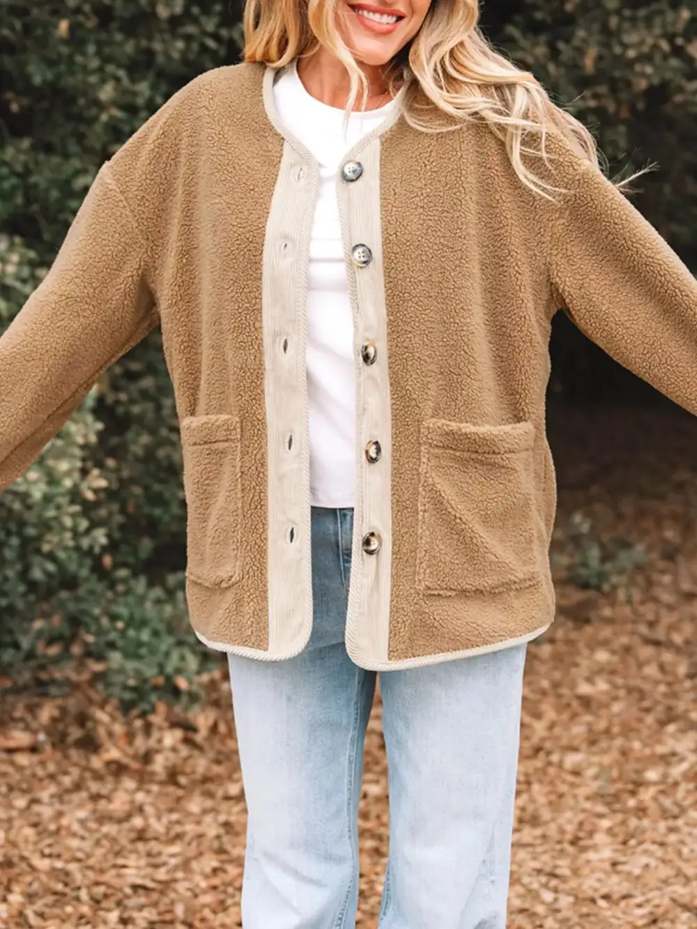 Puffy Plush Corduroy Edge Patchwork Jacket With Pockets