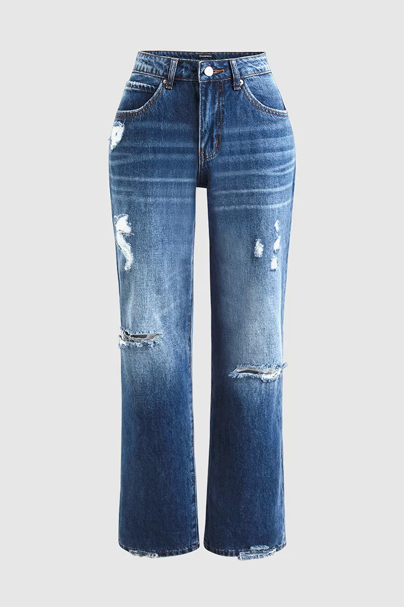 Ripped Low Waist Straight Leg Jeans