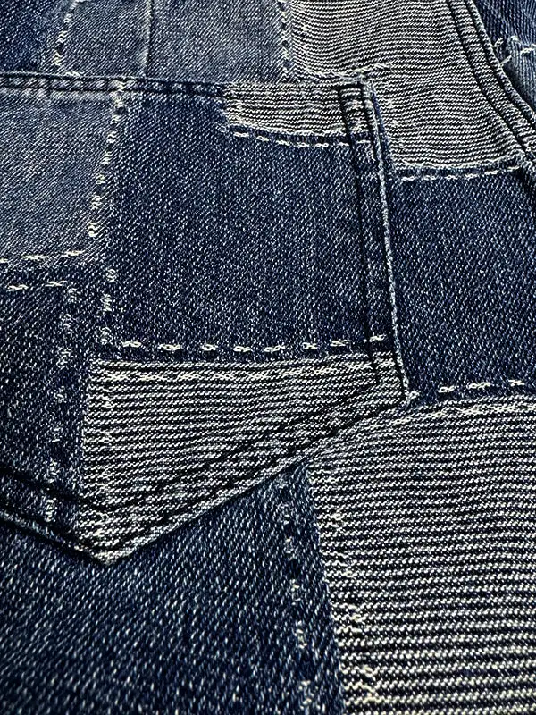Plaid Relaxed Fit Wide Leg Seamed Button Detail Pocket Jeans