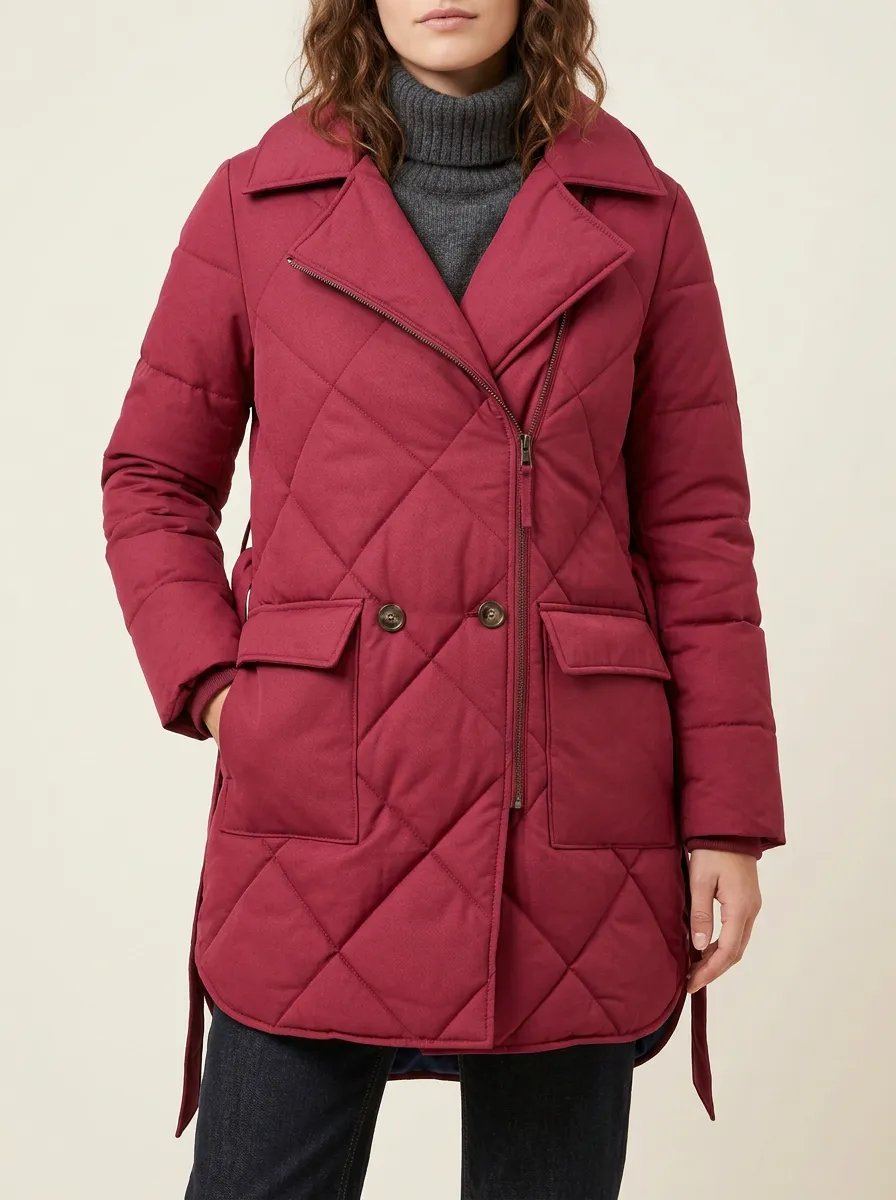 Refined Diamond Quilting Insulated Look Jacket in Burgundy