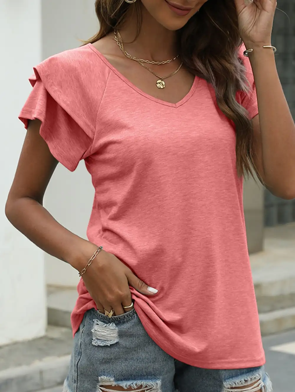 V Neck Double Layer Ruffle Sleeve Tank Top