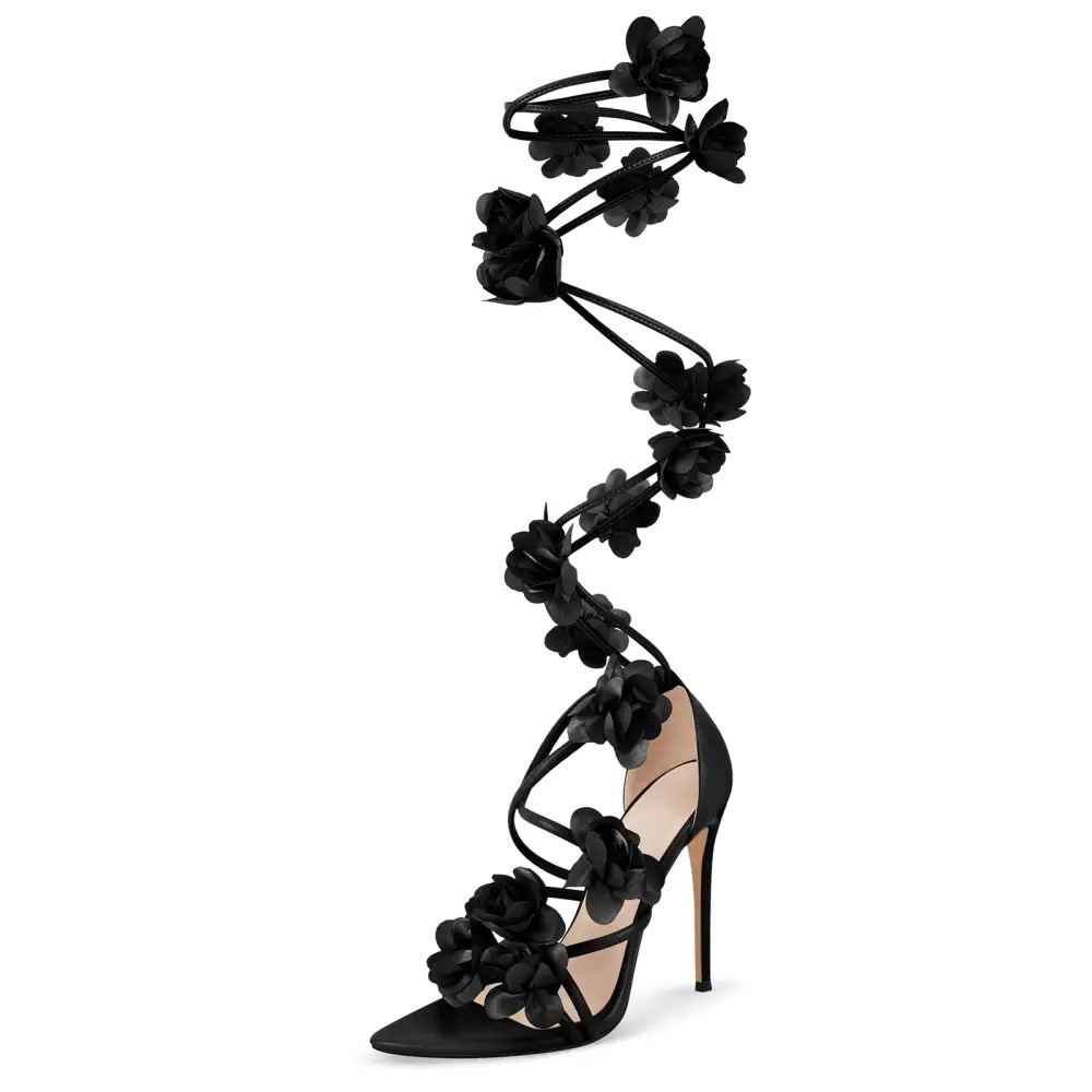 Pointed Toe Flower Strappy Lace Up Sandals