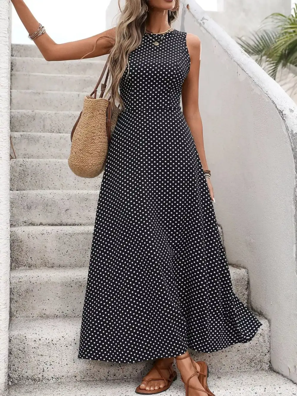 Polka Dot Sleeveless Maxi Dress