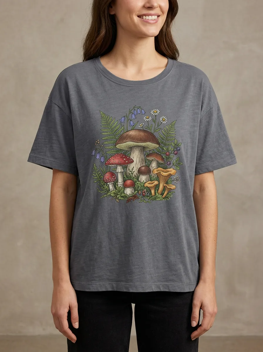 Women's Charcoal Mushroom Graphic Crewneck T-Shirt