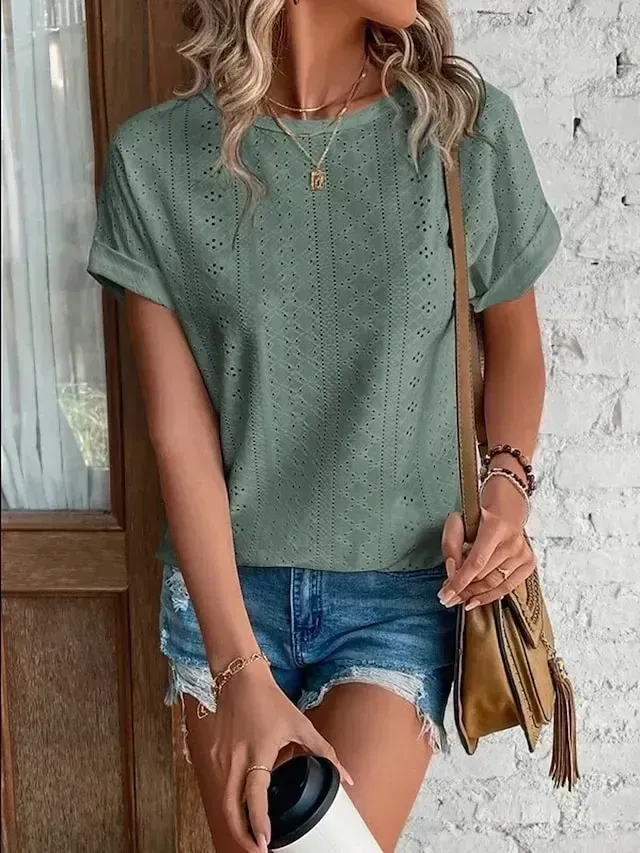 Women's T shirt Tee White Eyelet Tops Light Blue Black White Plain Cut Out Short Sleeve Daily Weekend Basic Round Neck Regular Cotton S