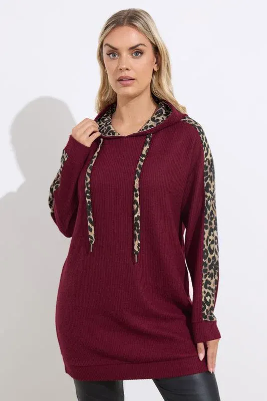 Burgundy Red Leopard Print Trim Hoodie