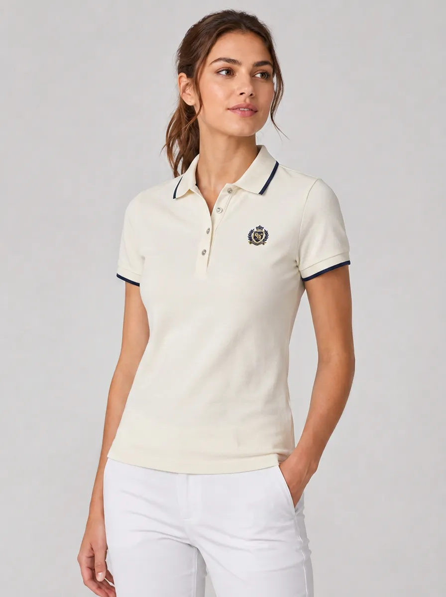 Women's Equestrian Lover Crest Logo Printed Contrast Trim Polo Shirt