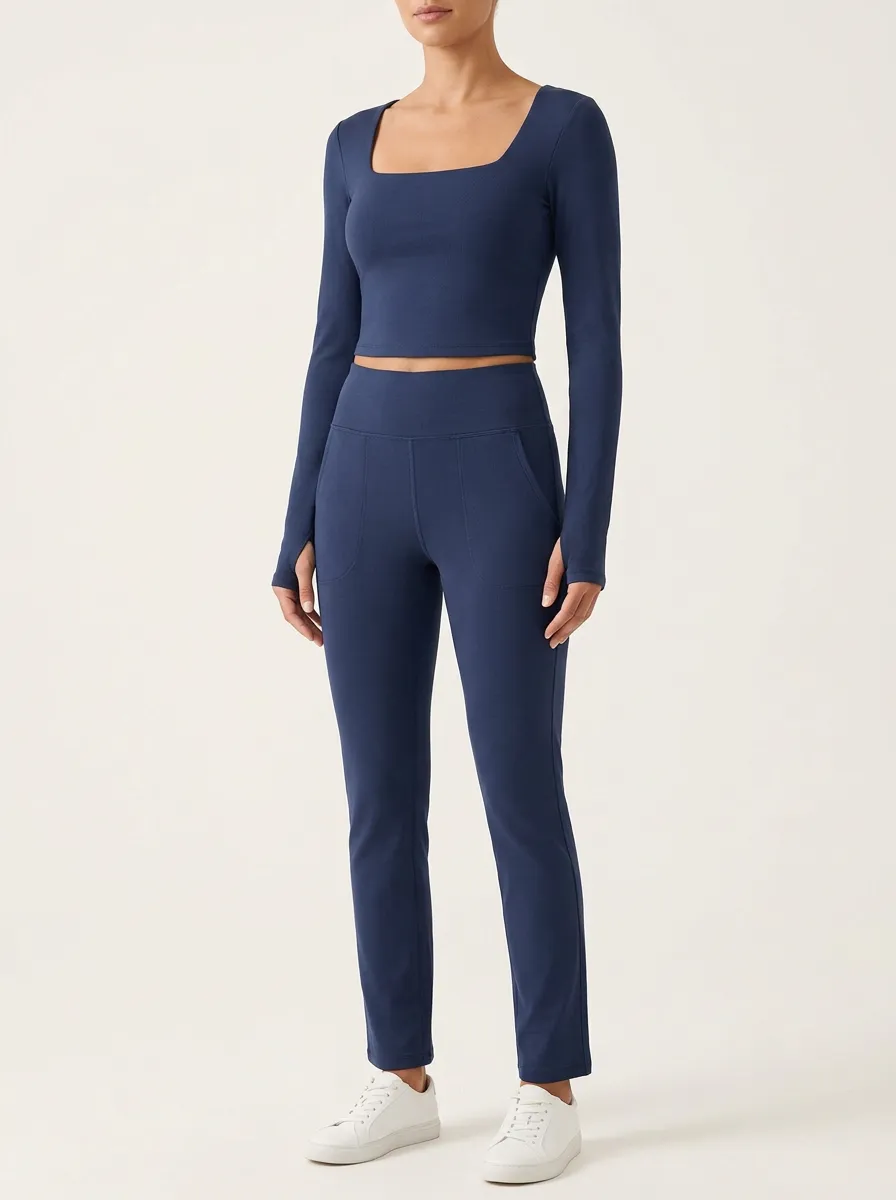Women's Square-Neck Thumbhole Crop Top and Side-Pocket Straight-Leg Trouser Set