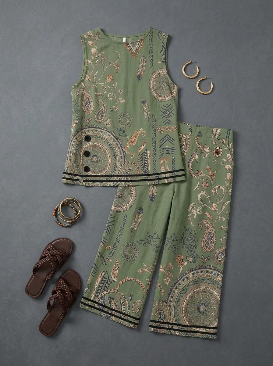 Women's Boho Paisley Feather Printed Sleeveless Set
