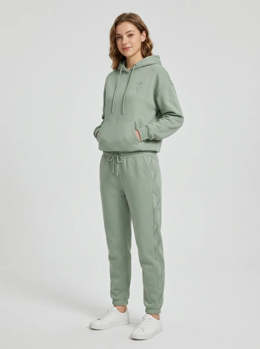 Women's Sage Green Cuffed Pants Solid Hoodie & Pants Set