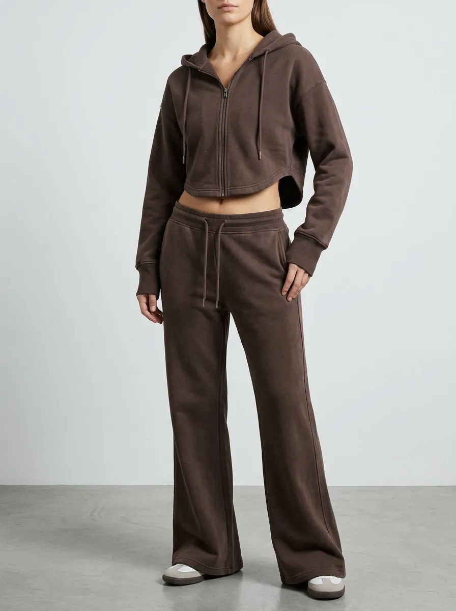 Women's Urban Sport Inspired Cropped Hooded Jacket and Flare Pants Active Set