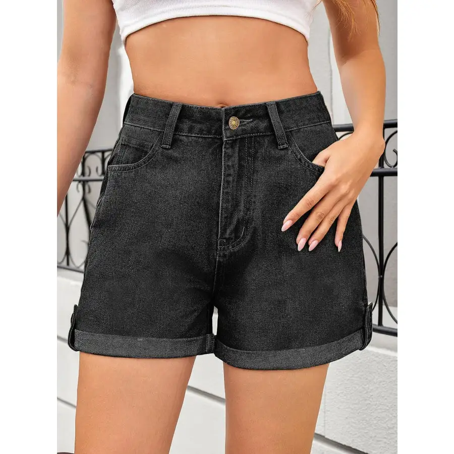 High Waist Rolled Hem Gradient Denim Shorts