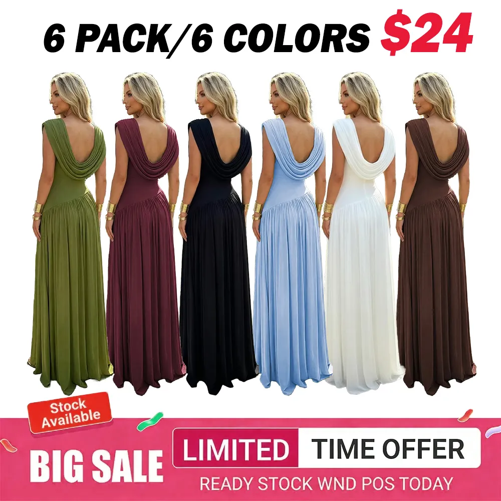 Women's Sleeveless Convertible Cowl Neck Ruched Waist Slim Fit Maxi Dress