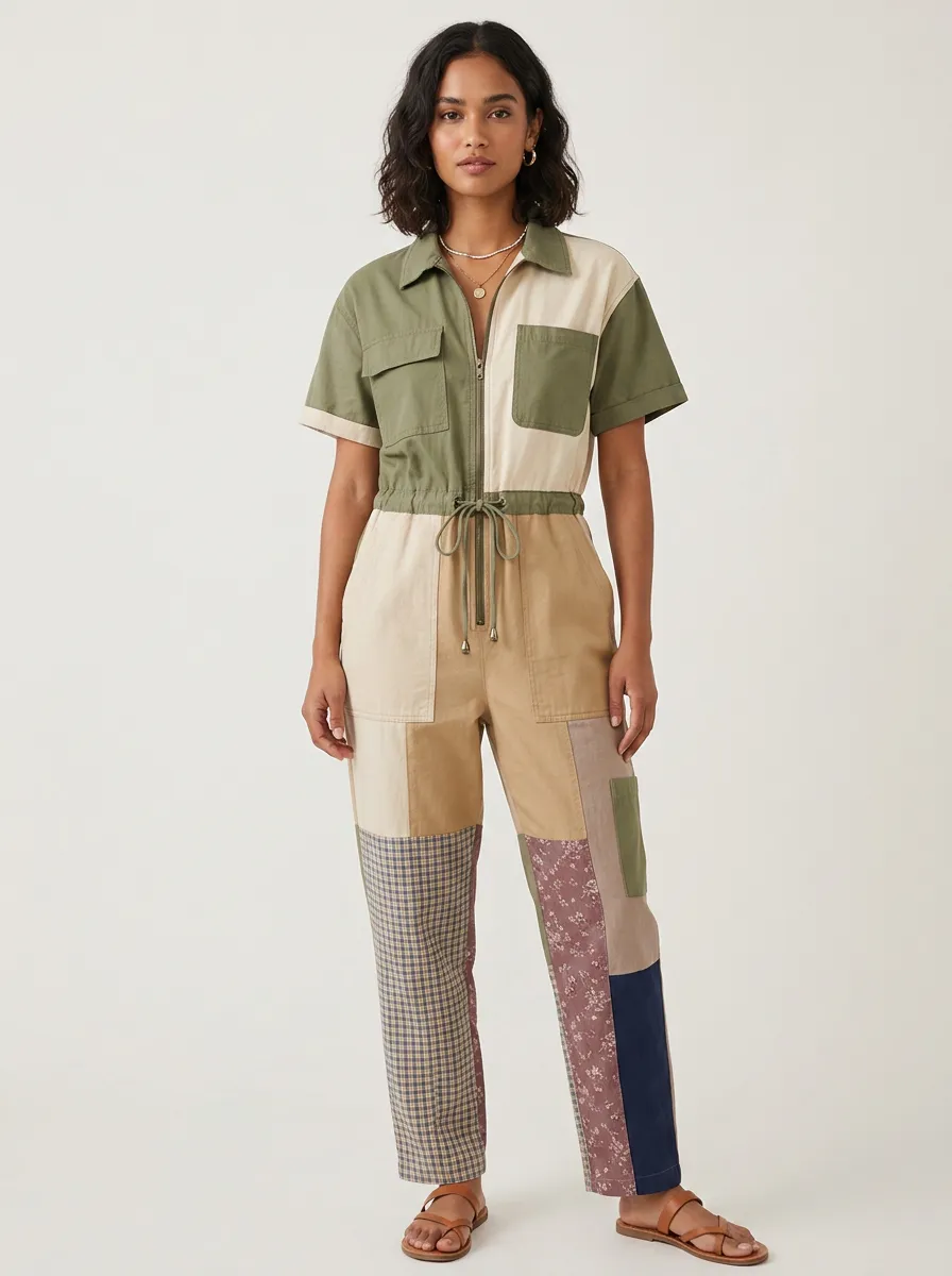 Women's Casual Boho Style Floral Plaid Patchwork Printed Jumpsuit
