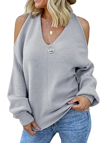 Women's Cold Shoulder Oversized Sweaters Batwing Long Sleeve Square Neck Chunky Knit Fall Tunic Sweater Tops