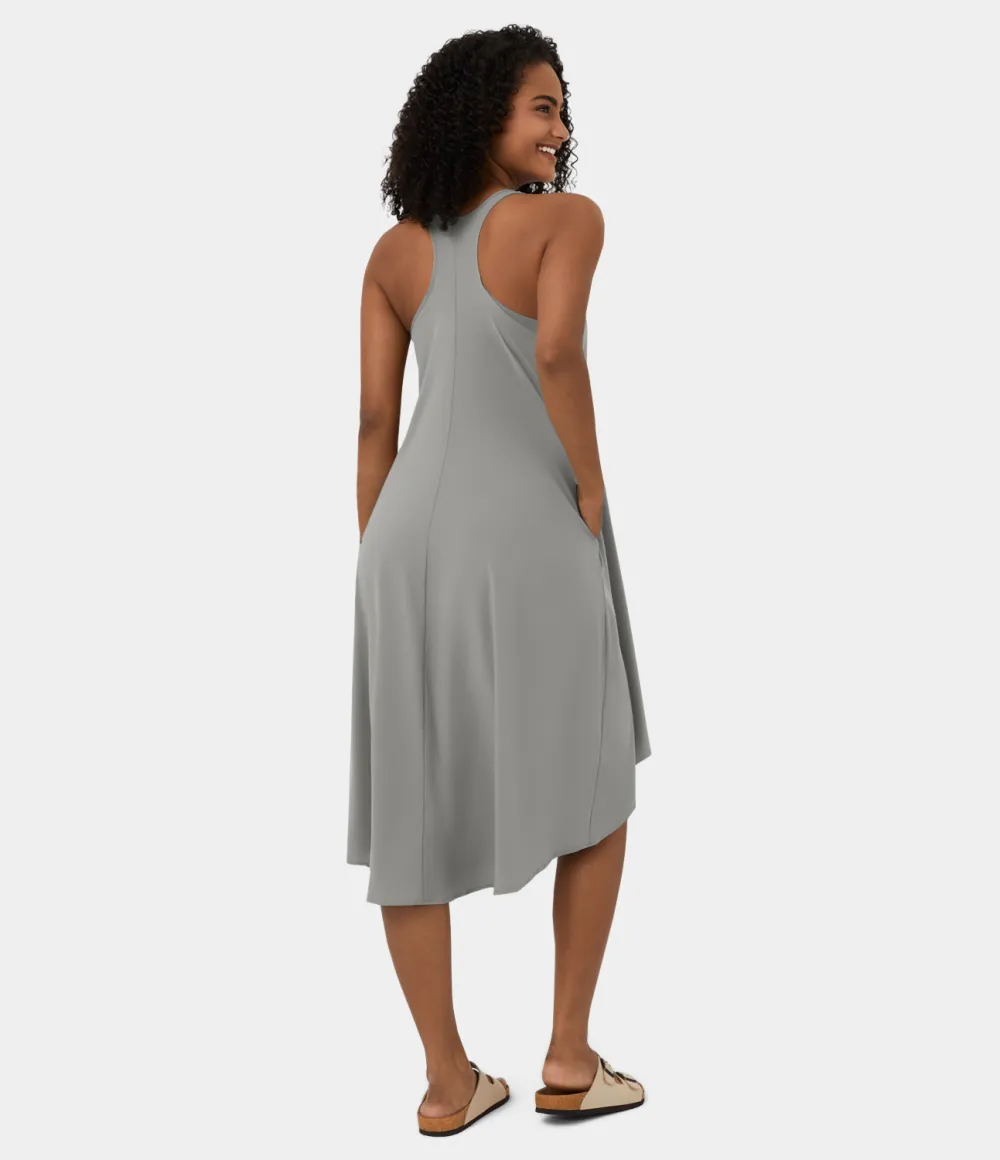 Breezeful Backless Racerback Side Pocket High Low Flowy Midi Quick Dry Casual Dress
