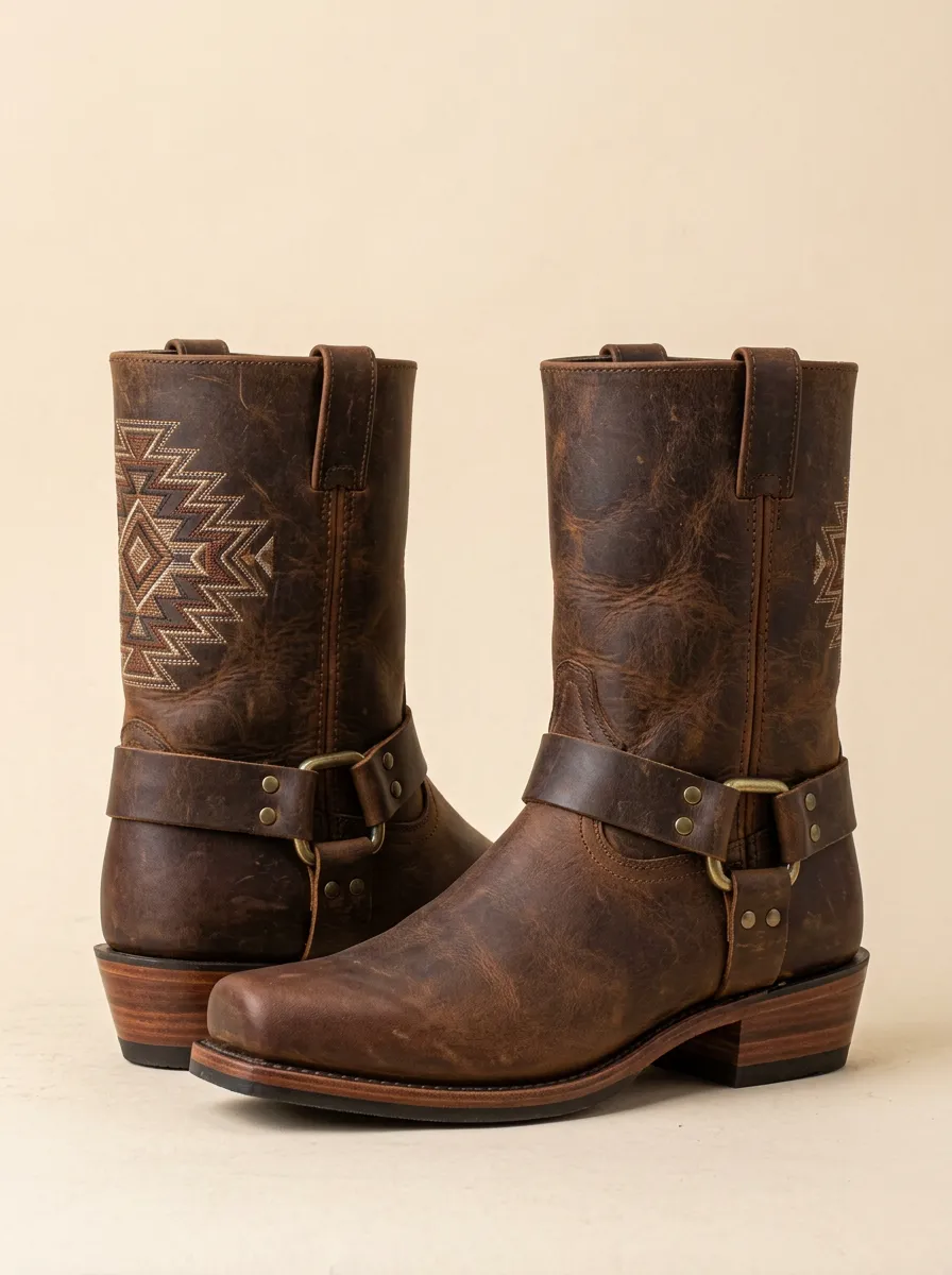 Men's Western Cowboy Geometric Pattern Printed Leather Boots