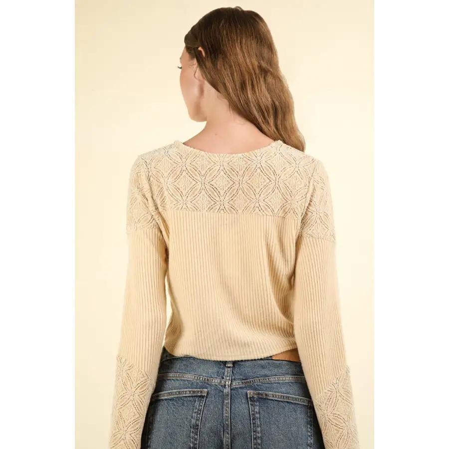 Classic V Neck Lace Detail Button Down Crop Ribbed Knit Top