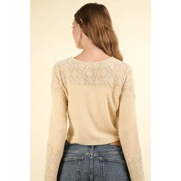 Classic V Neck Lace Detail Button Down Crop Ribbed Knit Top