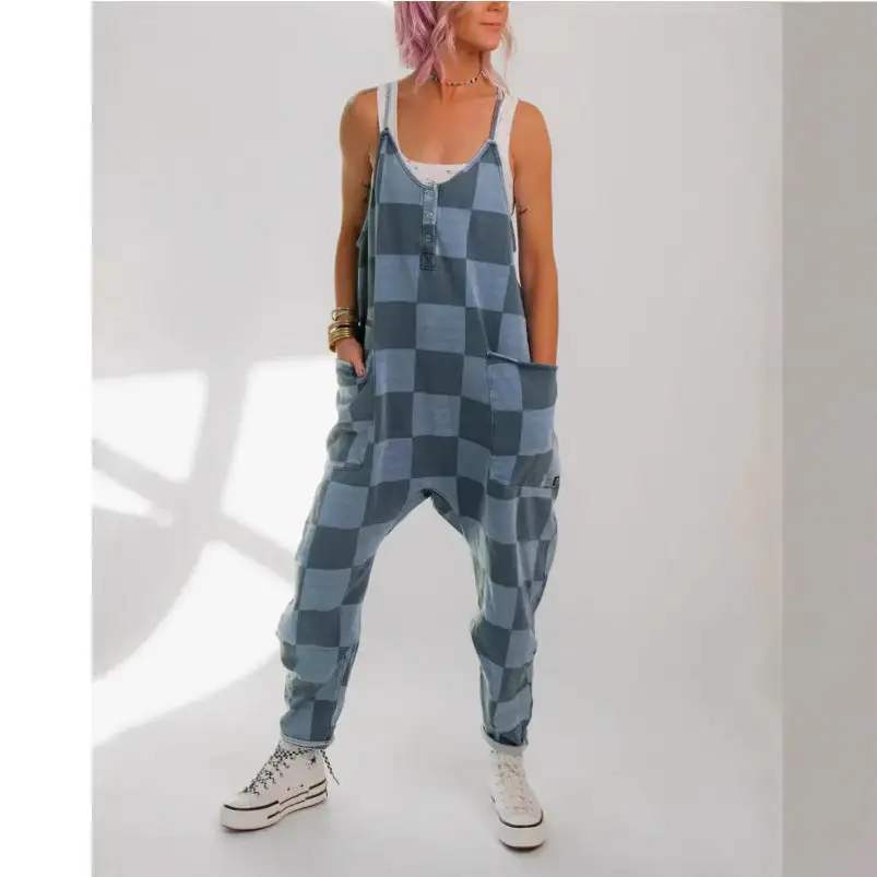 Graphic Plaid-Pattern Silhouette Jumpsuit