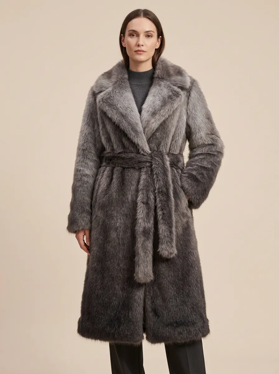 Charcoal Faux Fur Belted Coat