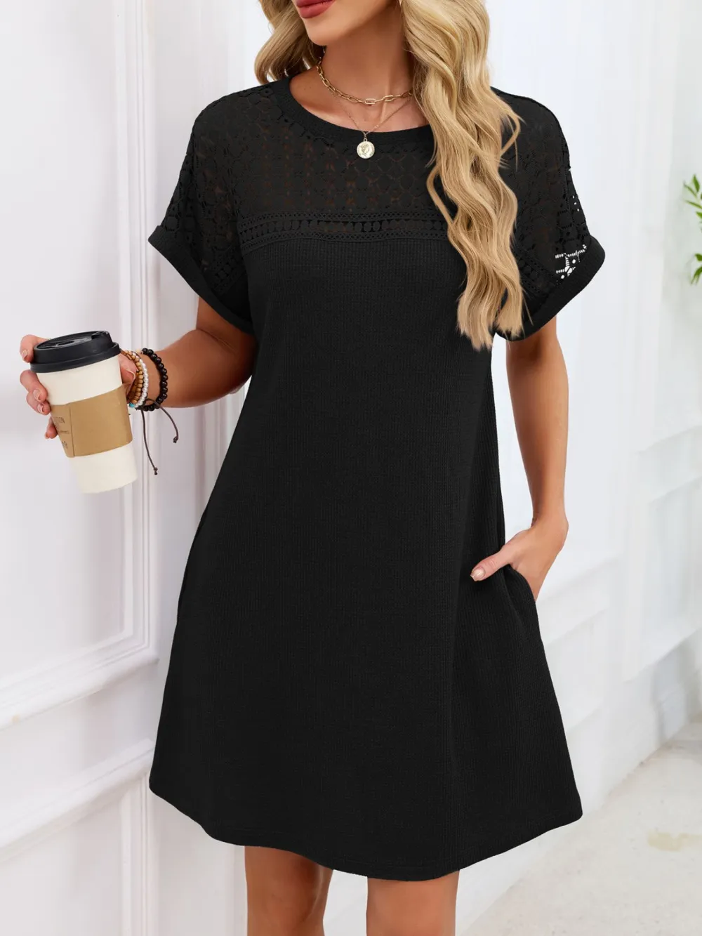Lace Round Neck Short Sleeve Shirt Dress