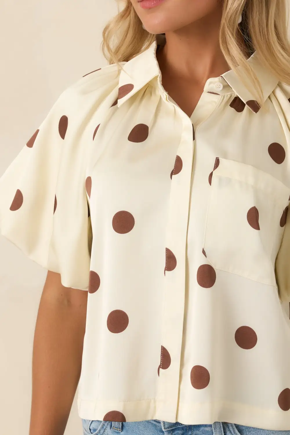 Button-Front Short-Sleeve Puff-Sleeve Polka-Dot Blouse