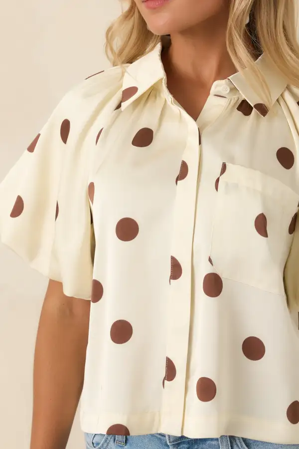 Button-Front Short-Sleeve Puff-Sleeve Polka-Dot Blouse
