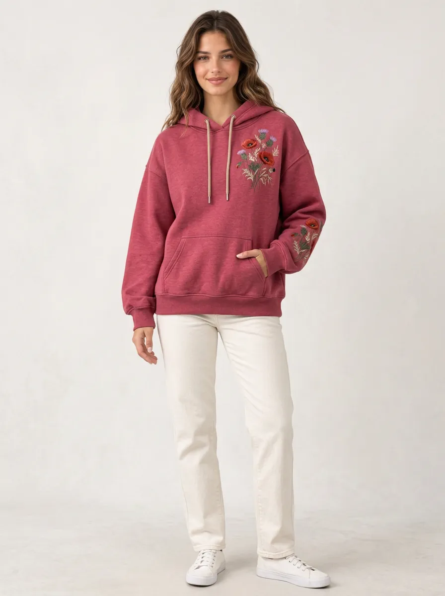 Women's Floral Thistle Embroidered Graphic Nature Inspired Easy Layer Hoodie