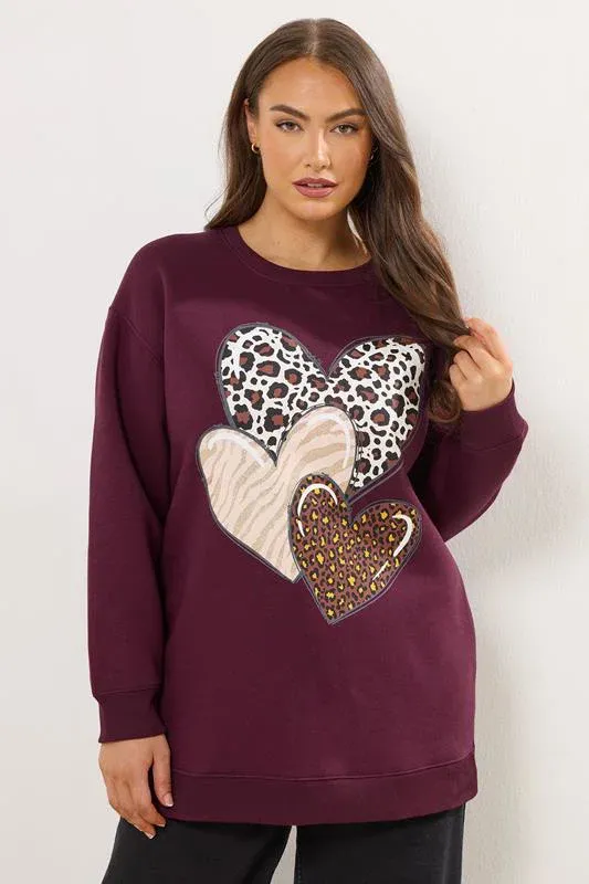 Burgundy Red Triple Heart Print Sweatshirt