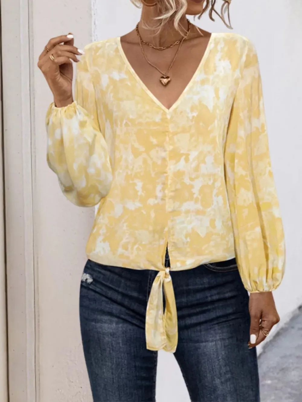 V-Neck Long Sleeve Tie-Front Blouse