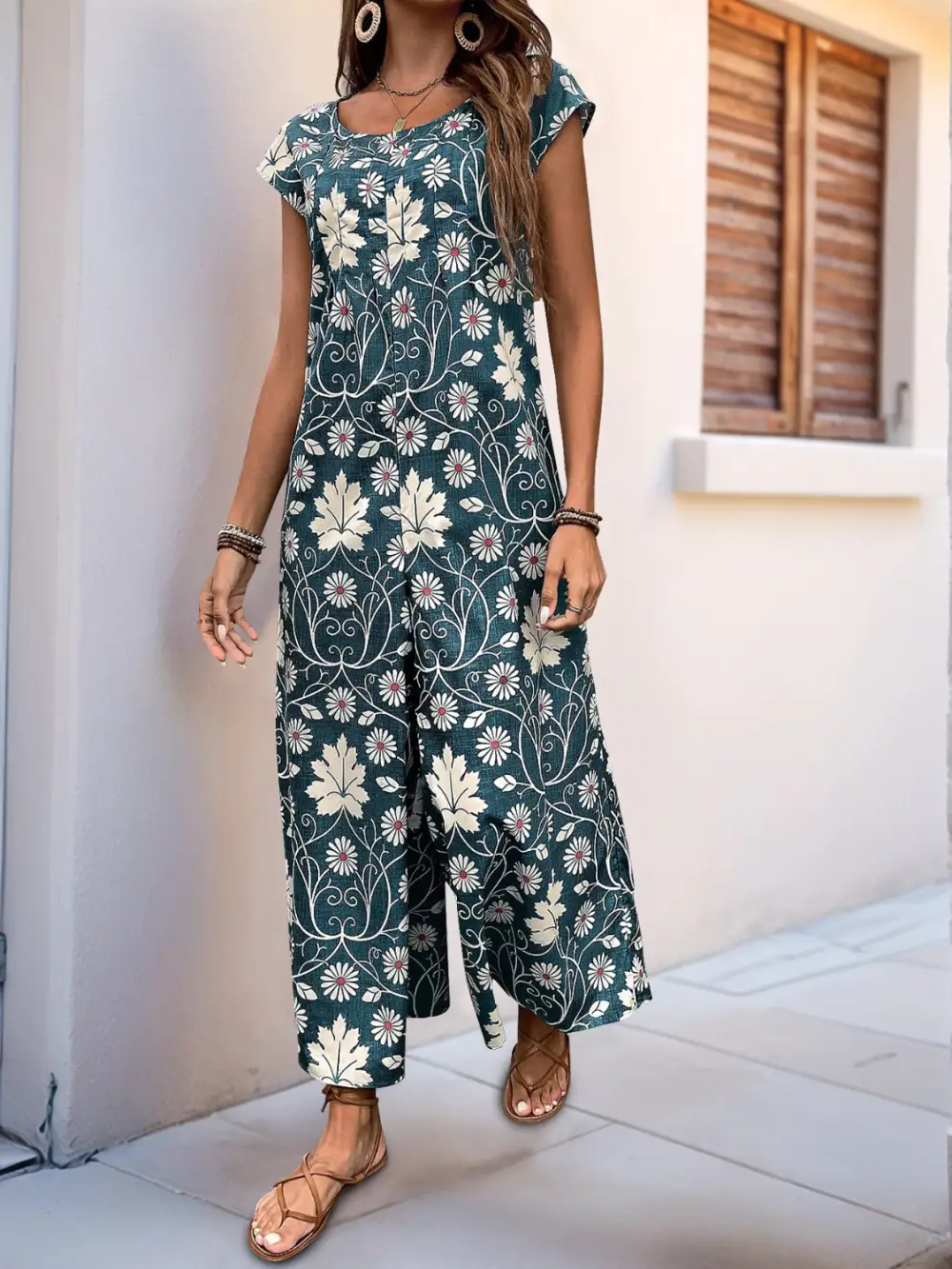 Round Neck Cap Sleeve Wide Leg Jumpsuit