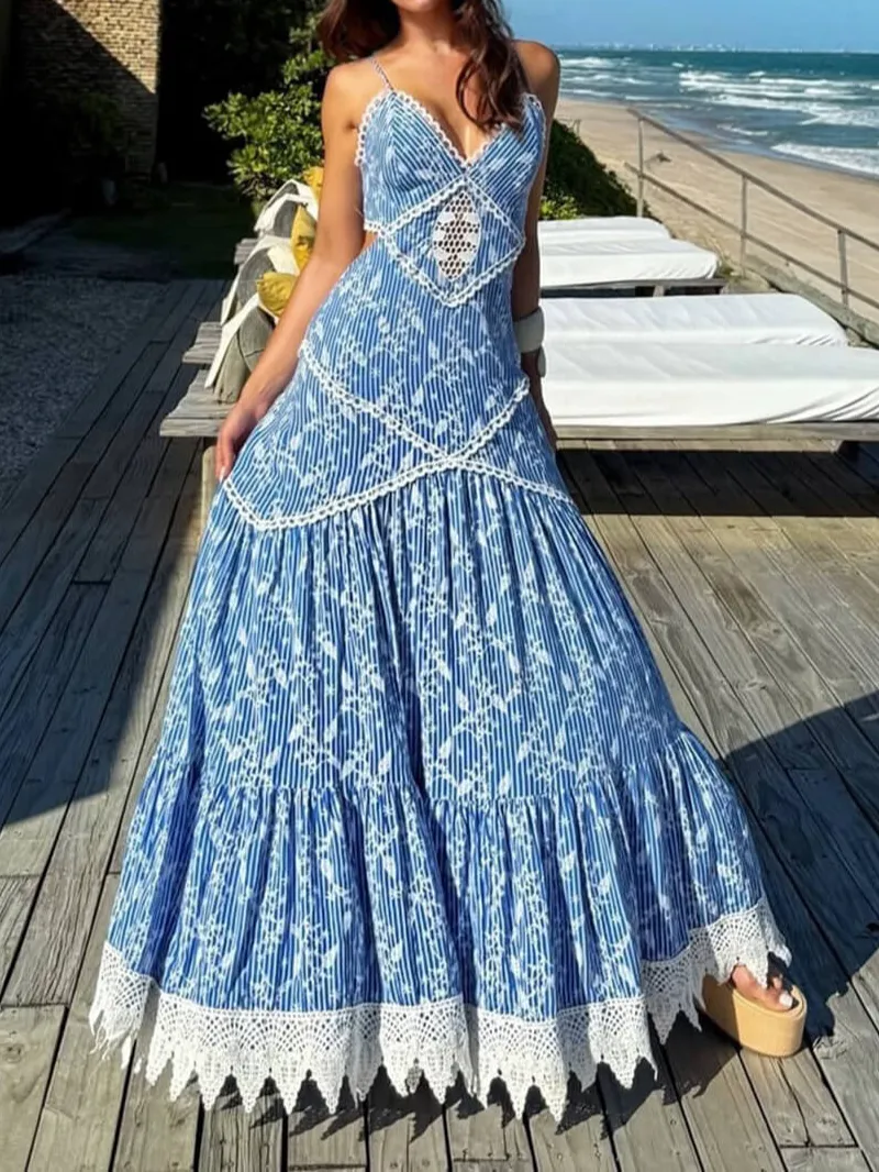 Boho Lace Insert Print Maxi Dress