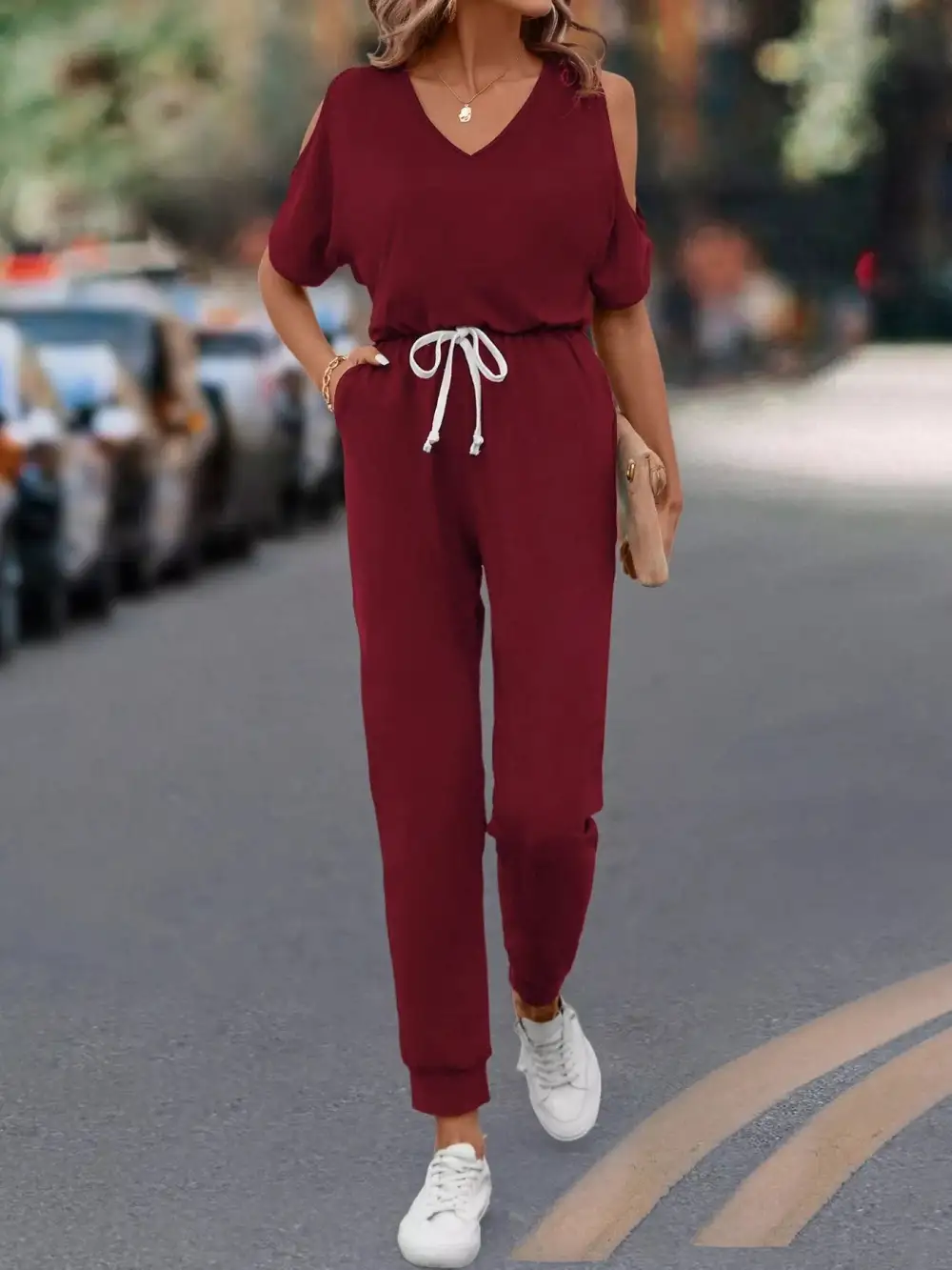 Cold Shoulder V Neck Drawstring Waist Jumpsuit