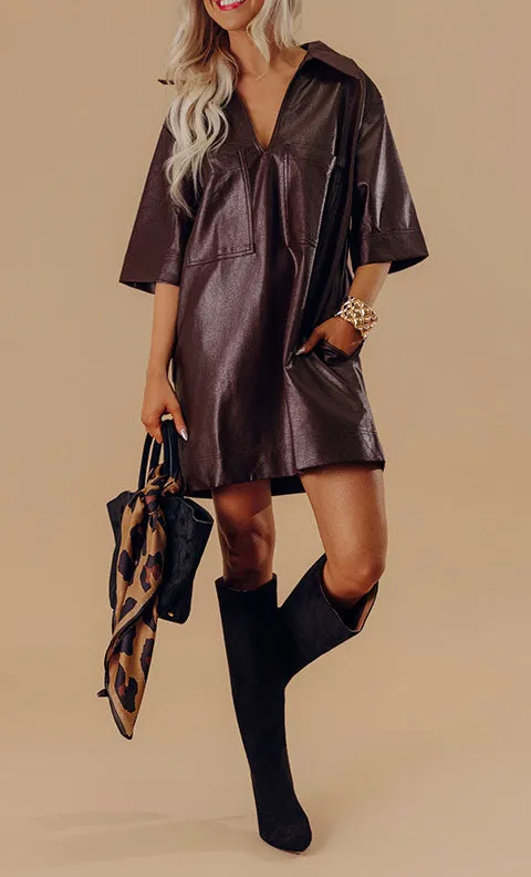 Pocketed V-Neck Short Sleeve Relaxed Mini Dress