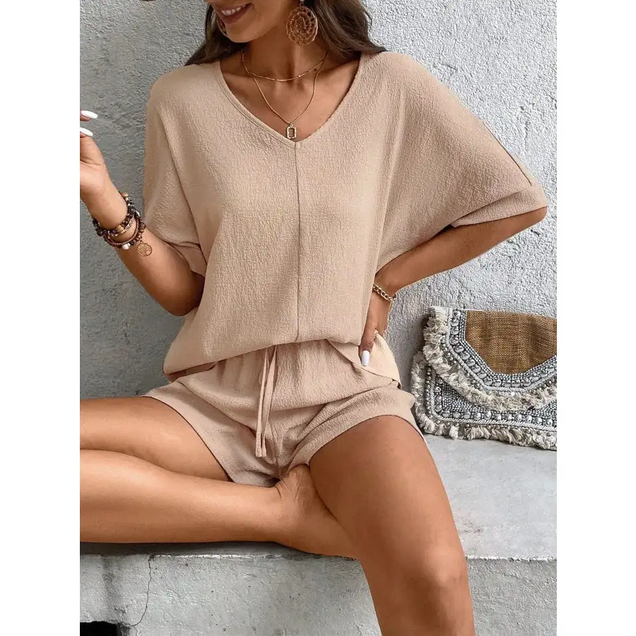 Relaxed Fit V Neck Top and Shorts Two Piece Set