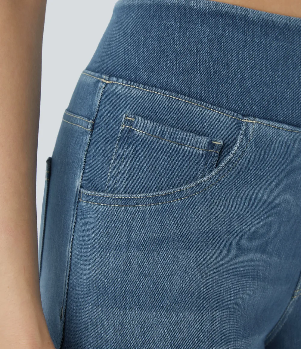 Magic High Waisted Multiple Pockets Wide Leg Washed Stretchy Knit Casual Jeans