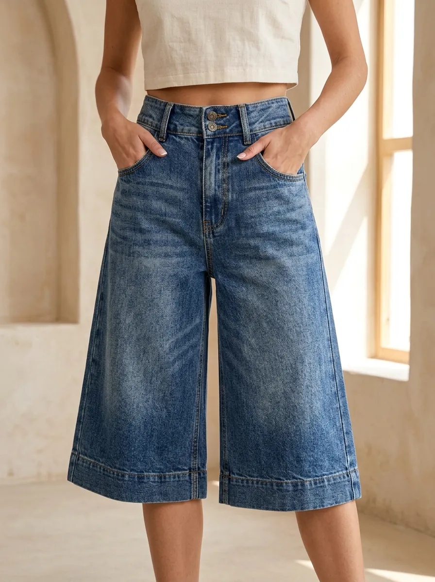 Women's High-Waisted Wide-Leg Denim Culottes Jeans